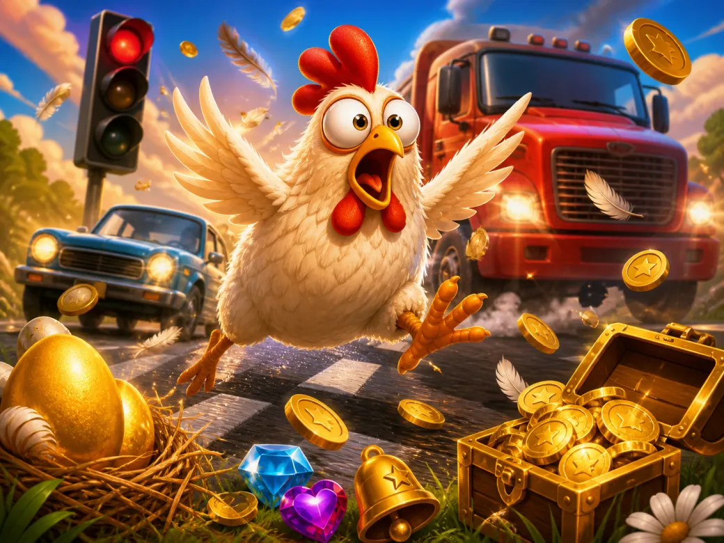 Exciting Chicken Road slot game artwork featuring a comical chicken character on a busy road with traffic lanes, vibrant colo