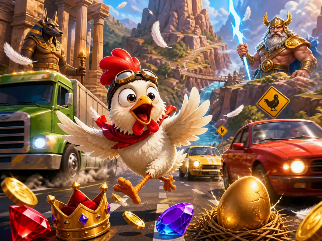 Promotional artwork for Chicken Road slot game featuring a comical chicken on a bustling road with traffic lanes and playful 
