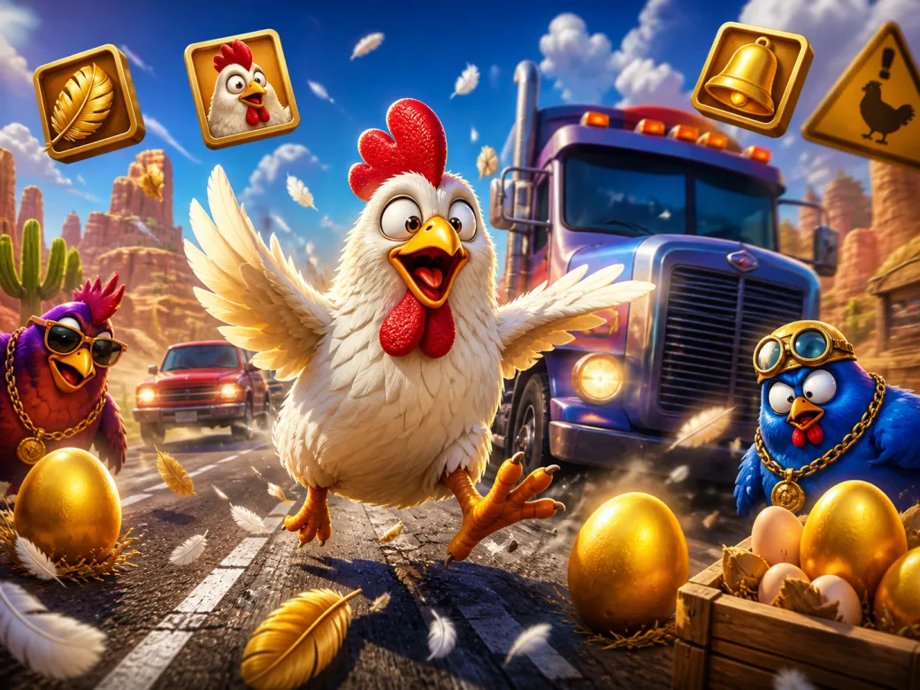 Colorful artwork of Chicken Road slot game featuring funny chicken characters on a busy road with traffic lanes and playful o