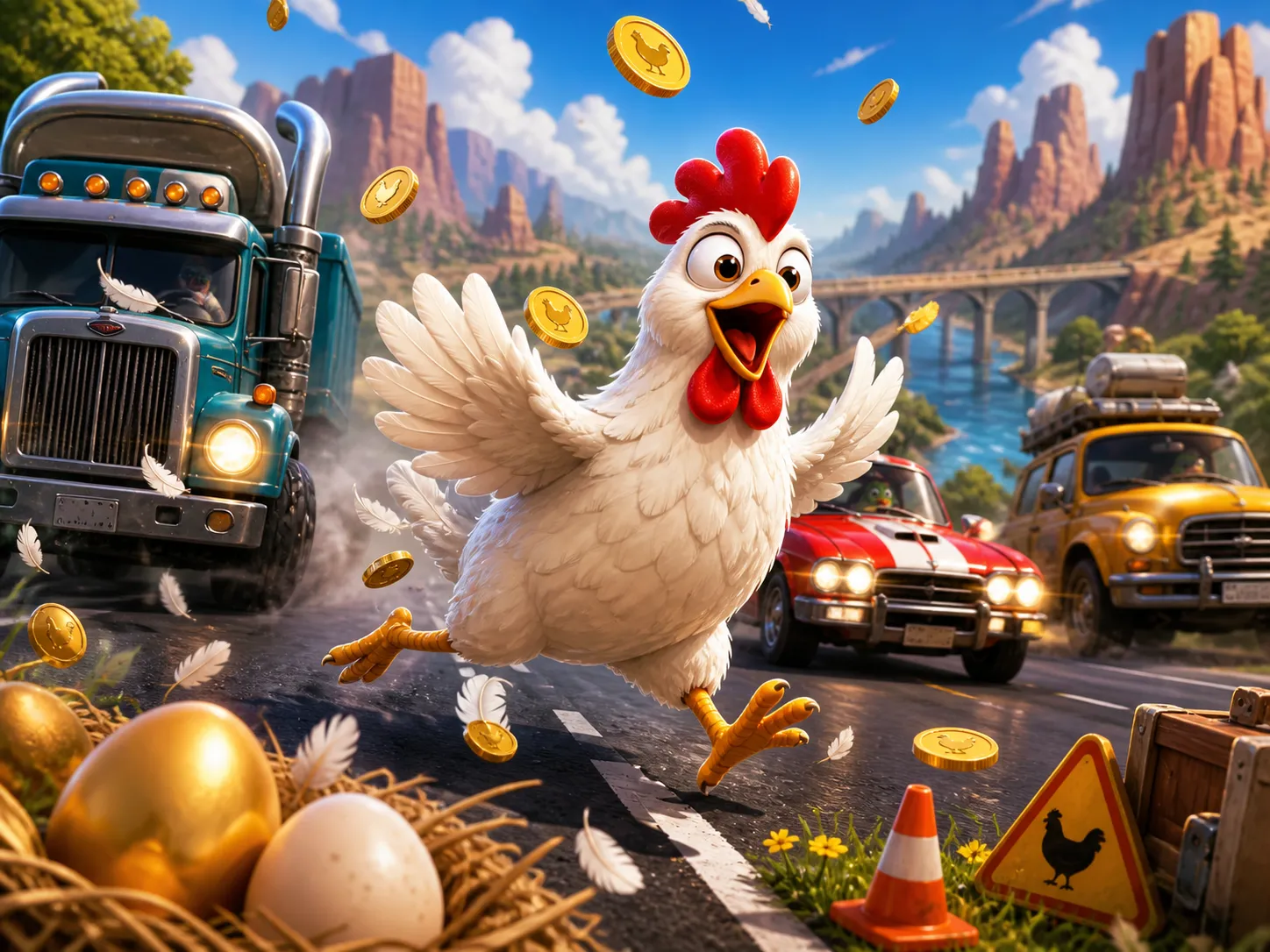 Playful chicken character crossing a hazardous road with feathers and eggs against a vibrant game world backdrop.